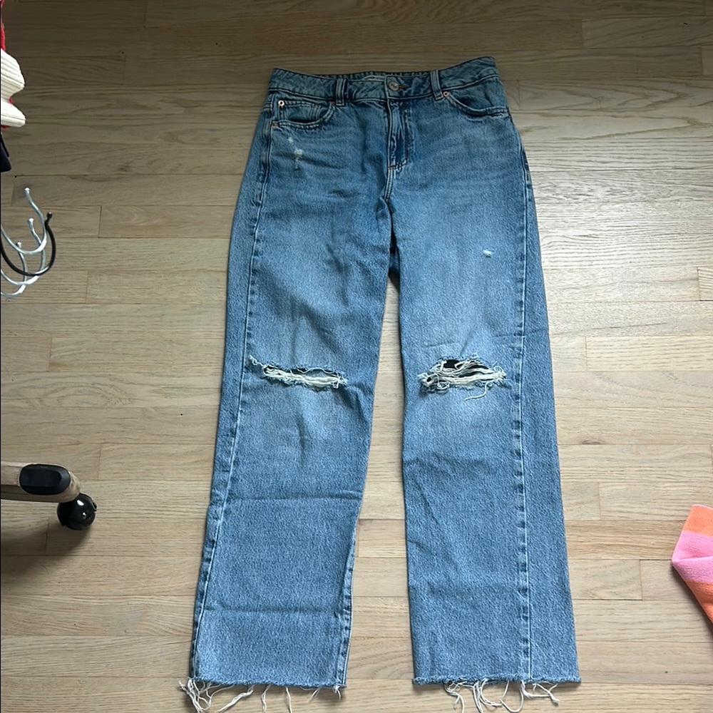 Garage Blue Straight Leg Jeans with Distressed Details